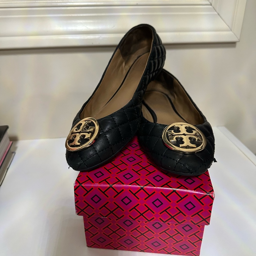 Tory Burch Black Quilted Flats with Gold Logo